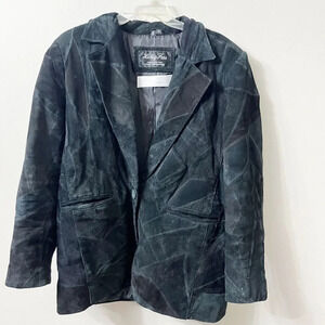 Vtg 90s Women Black Suede Patchwork Blazer M Leather Sports Coat Henig Furs